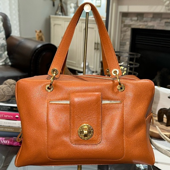 Authentic BVLGARI Turn Lock Leather Boston Bag in Cognac w/Gold-Tone Hardware - Picture 2 of 16